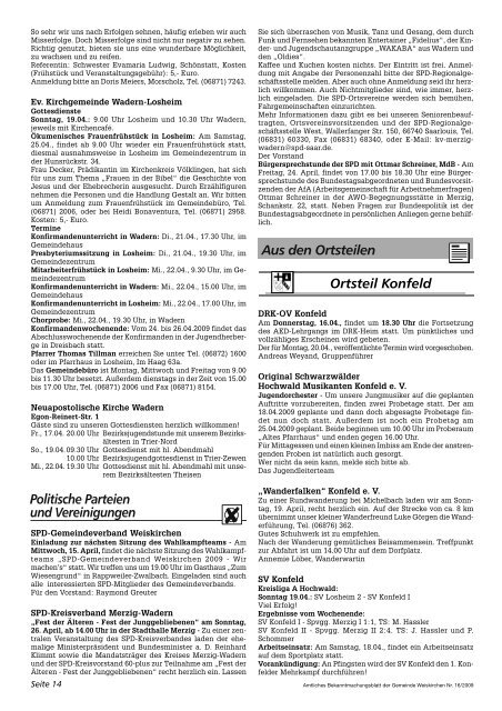 Mitteilungen der Hochwald- Touristik GmbH Weiskirchen