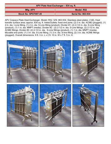 APV Plate Heat Exchanger – 834 sq. ft. Mfg: APV Model: R52 Stock ...