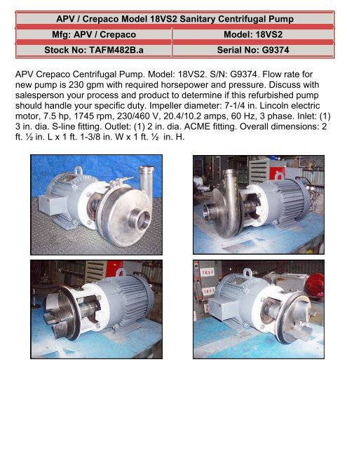 APV / Crepaco Model: 18VS2 Stock No