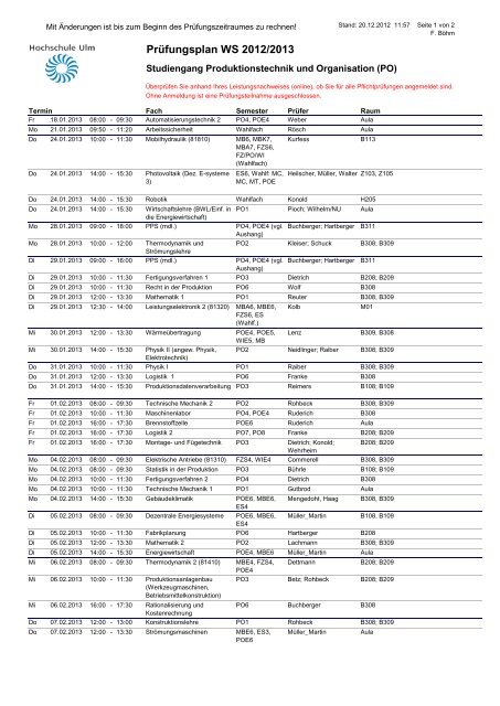 Prüfungsplan WS 2012/2013 - Hochschule Ulm