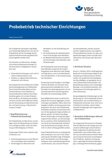 Probebetrieb technischer Einrichtungen - VBG