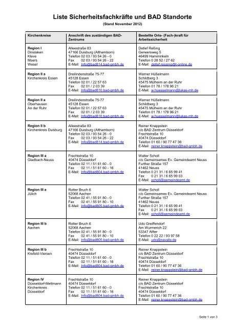 Liste Sicherheitsfachkräfte und BAD Standorte