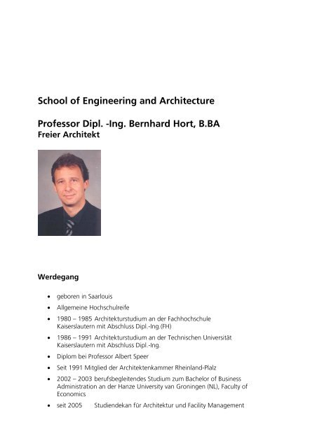 School of Engineering and Architecture Professor Dipl. -Ing ...