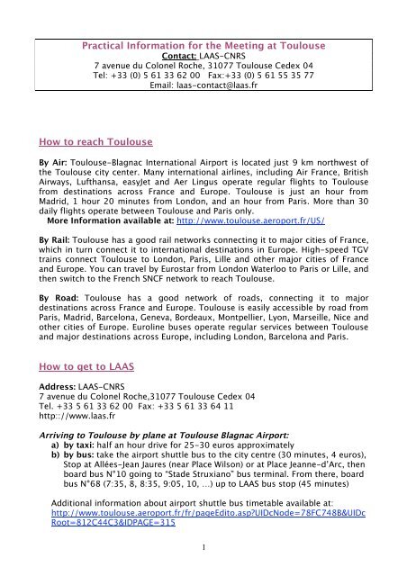 Practical Information For The Meeting At Toulouse How To Laas