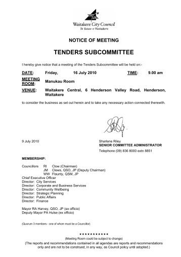 notice of meeting tenders subcommittee - Auckland Council