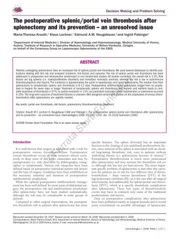 The postoperative splenic/portal vein thrombosis after splenectomy ...