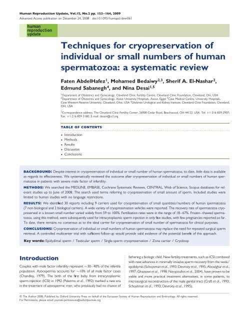 Techniques for cryopreservation of individual or ... - Cleveland Clinic