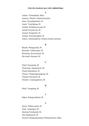 Liste des sénateurs par ordre alphabétique A Achara Techaritpitak ...