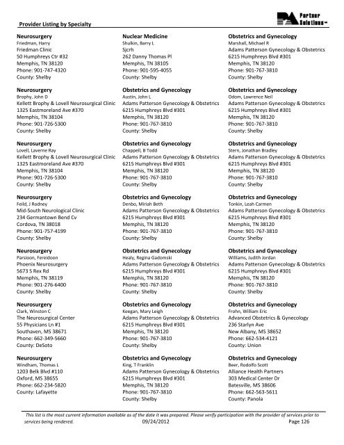 This Directory lists participating providers alphabetically by Specialty ...