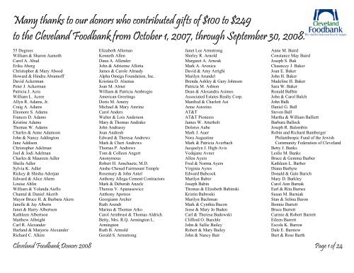 Many thanks to our donors who contributed gifts - Cleveland Foodbank