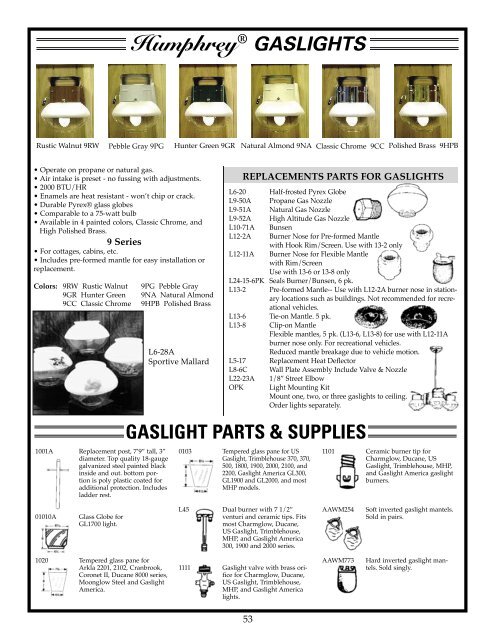 Humphrey® GASLIGHTS - Woodman's Parts Plus