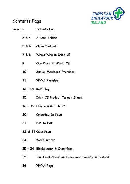 Contents Page - Christian Endeavour Ireland - CE-Online