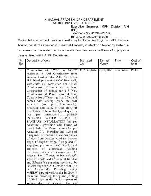 HIMACHAL PRADESH I&PH DEPARTMENT NOTICE ... - The Tenders