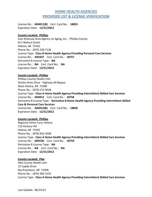 home health agencies provider list & license verification - Arkansas ...