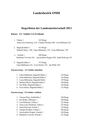 Landesbezirk OMH Siegerlisten der Landesmeisterschaft 2011