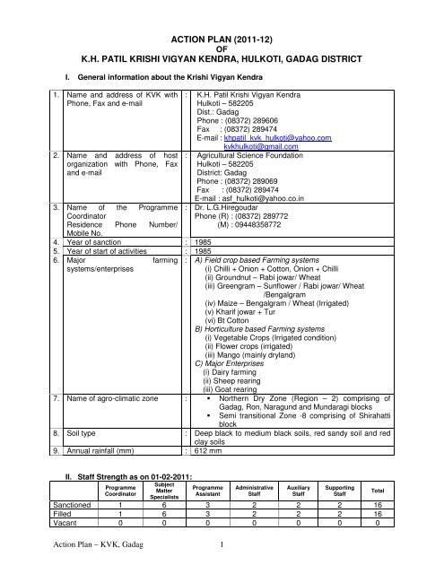 action plan (2011-12) - KH Patil Krishi Vigyan Kendra, Hulkoti