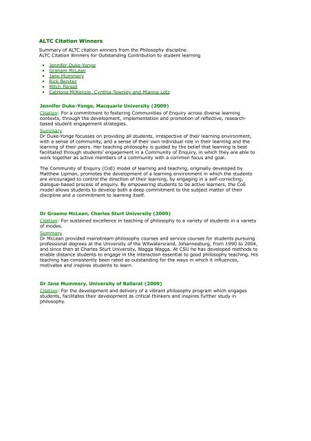 Altc Citation Winners In Philosophy Australasian Association Of