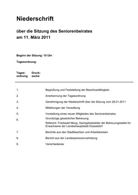 Niederschrift Uber Die Sitzung Des Stadt Dusseldorf