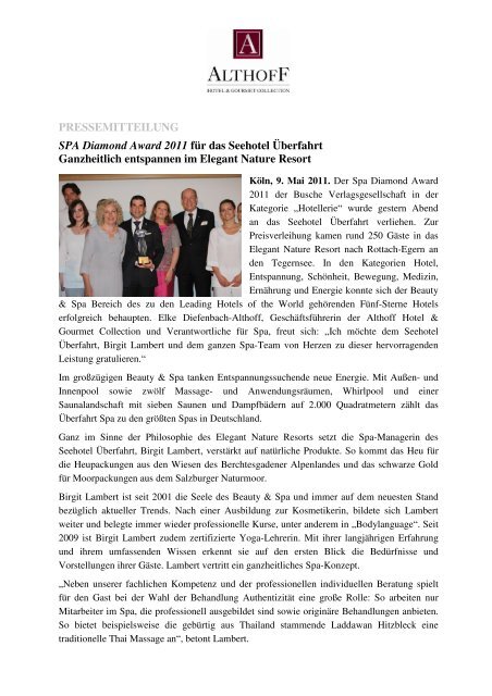 PM Kleber PR / Spa Diamond Award 2011 - Althoff Hotels ...