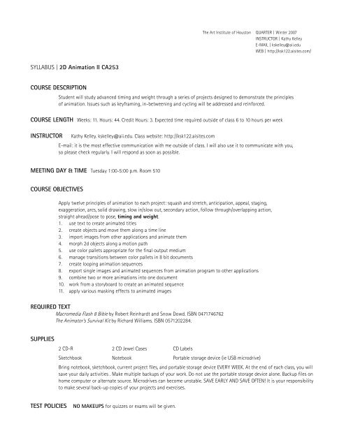 syllaBus | 2D Animation II CA253 Course DesCrIptIon ... - Kelley, Kathy syllaBus | 2D Animation II CA253 Course DesCrIptIon ... - Kelley, Kathy
