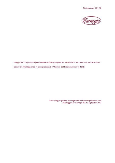 Tilläggsprospekt Warranter och Turbowarranter 2012:3 - Carnegie