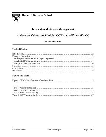 A Note on Valuation Models: CCFs vs. APV vs WACC - Harvard ...