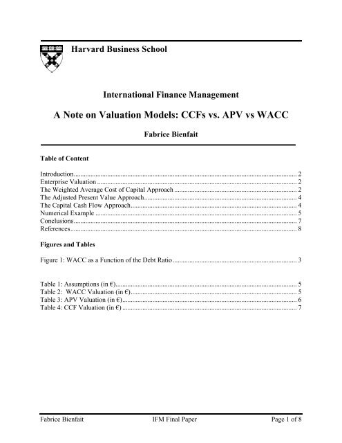 A Note on Valuation Models: CCFs vs. APV vs WACC - Harvard ...