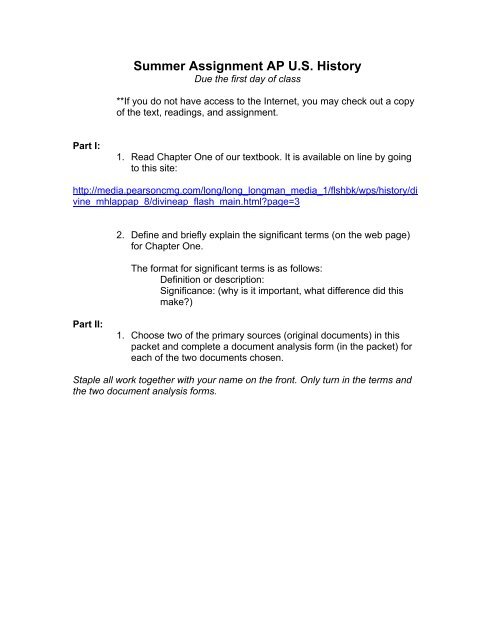 Summer Assignment AP U S History