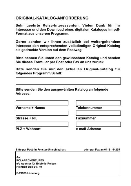 Bitte senden Sie den ausgewählten Katalog an folgende Adresse