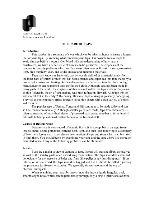 Bishop Museum Art Conservation Handout The Care Of Tapa