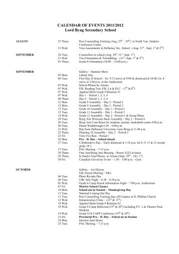 Calendar Of Events 2011-2012 - Lord Byng Secondary School