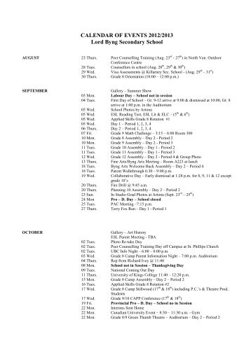 Calendar Of Events 2012-2013 - Lord Byng Secondary School