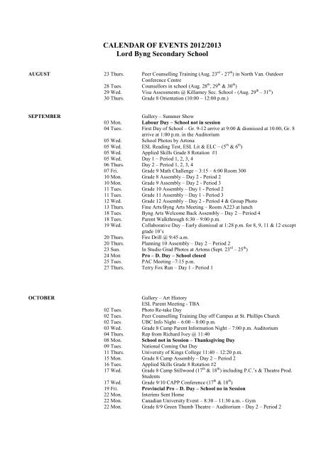 Calendar Of Events 2012-2013 - Lord Byng Secondary School