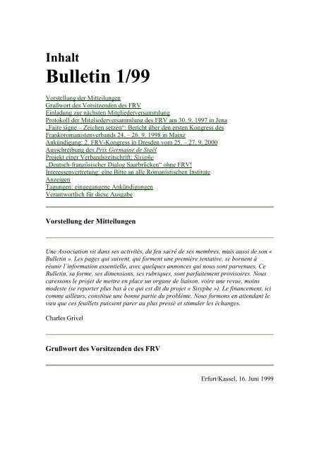 Inhalt Bulletin 1/99 - Frankoromanistenverband