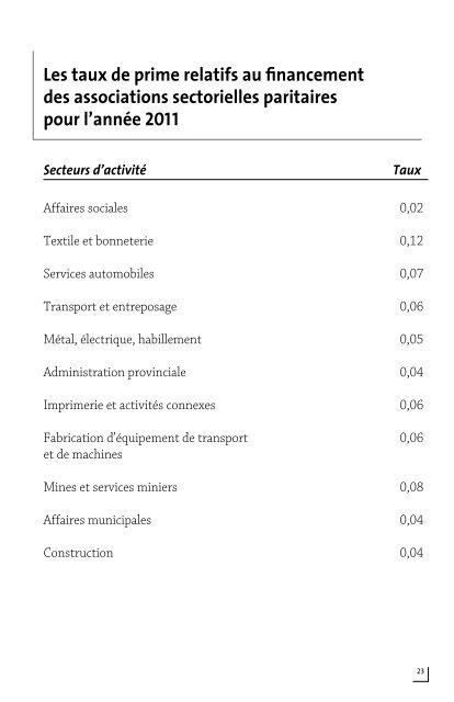 Table des taux 2011 - CSST