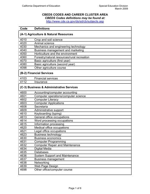 CBEDS Codes And Career Cluster Area. - California Department of ...