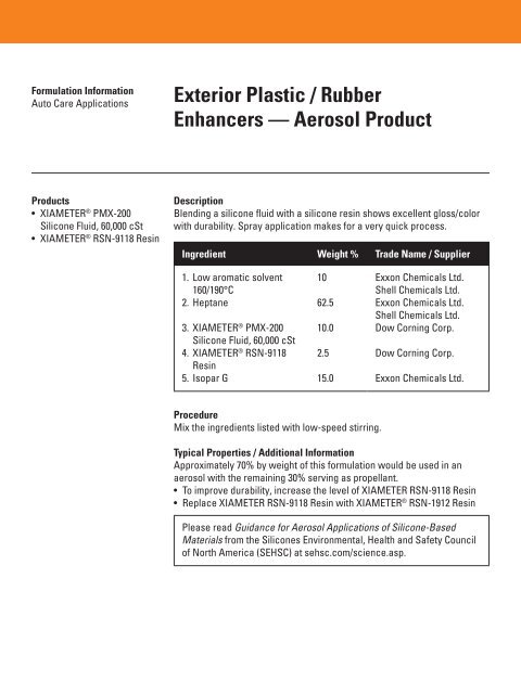 Formulation Information - Auto Care Applications - Xiameter