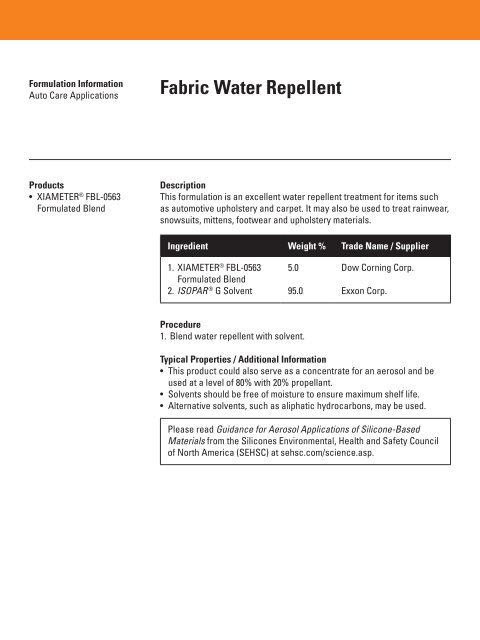 Formulation Information - Auto Care Applications - Xiameter