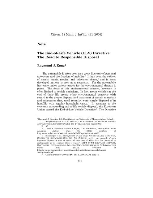 The End-of-Life Vehicle (ELV) - the University of Minnesota Law ...