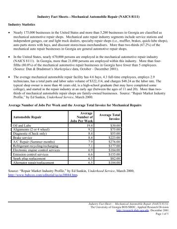 Industry Fact Sheets—Mechanical Automobile Repair (NAICS 8111 ...