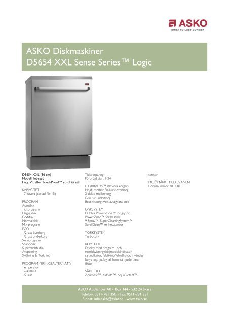 ASKO Diskmaskiner D5654 XXL Sense Series™ Logic - Elon