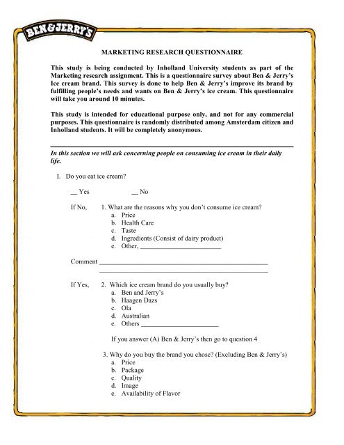 Ben & Jerry Marketing Research Questionaire.pdf - Yudhaccess ...