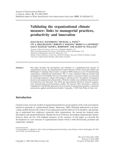 Validating the organizational climate measure: links to ... - Cnr