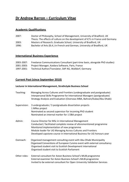 Dr Andrew Barron Curriculum Vitae Esc Toulouse