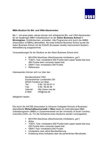 MBA-Studium für BA- und VWA-Absolventen Bis 1. Juli eines jeden ...