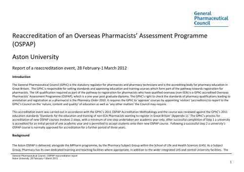 (OSPAP) Aston University - General Pharmaceutical Council