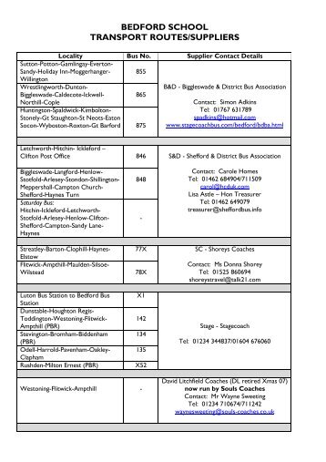 BEDFORD SCHOOL TRANSPORT ROUTES/SUPPLIERS