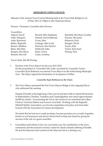 KIDSGROVE TOWN COUNCIL Minutes of the Annual Town Council ...