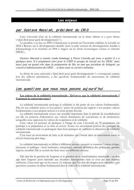 Actes de l'Universitéd'été de la solidarité internationale - Crid