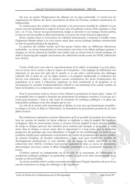 Actes de l'Universitéd'été de la solidarité internationale - Crid